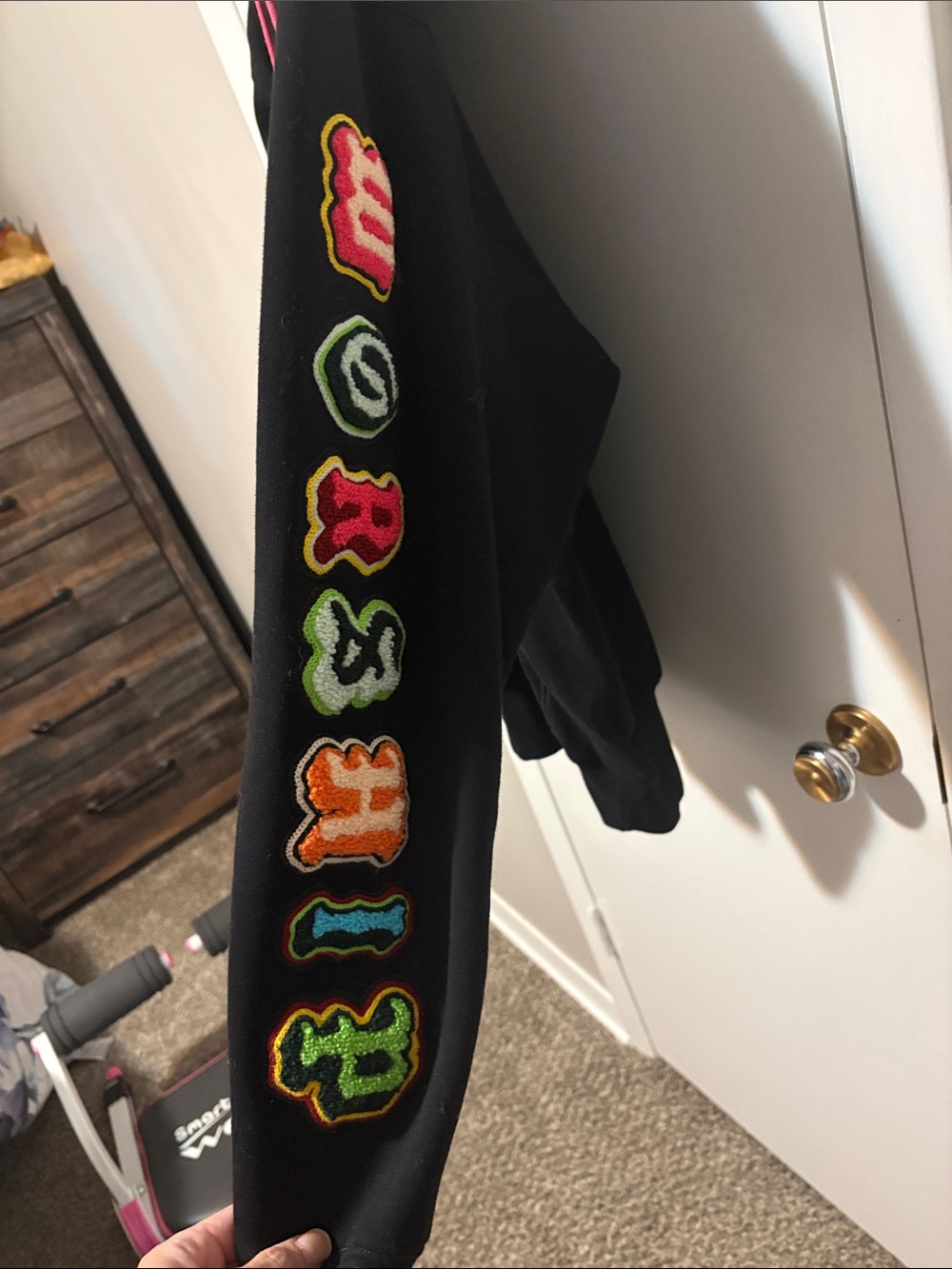 Black worship Hoodie with Colorful Appliqué Letters and Pink Drawstrings - Picture 3 of 5